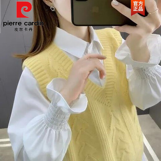 皮尔卡丹（pierre cardin）麻花马甲背心女春秋外搭2025年新款宽松v领针织毛衣马夹无袖上衣 1047白色 M 【建议96斤-110斤】
