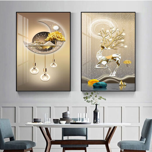 Lingtong Restaurant Decorative Painting Modern Simple Restaurant Dining Room Wall Hanging Painting High-end Light Luxury Abstract Background Wall Two-Link Mural 3 Golden Deer Nafu 40*60 Crystal Porcelain
