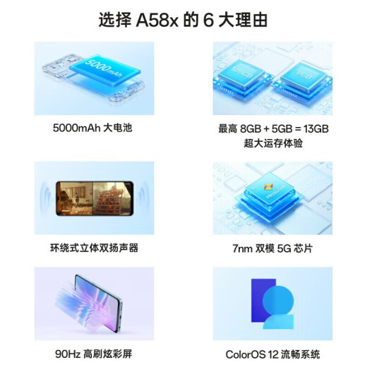 OPPOA58x thin and light body 5000mAh large battery 90Hz high brush color screen dual-mode 5G chip Jinghai Blue 6GB+128GB