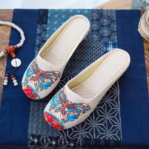 Alte Peking-Stoffschuhe bestickte Schuhe täglich Tragen mit niedrigem Haufen Bag-Toe Pantoffeln für den ethnischen Stil für Frauen im ethnischen Stil Retro Sandalen Leinen Schmetterling Reis Drag 37