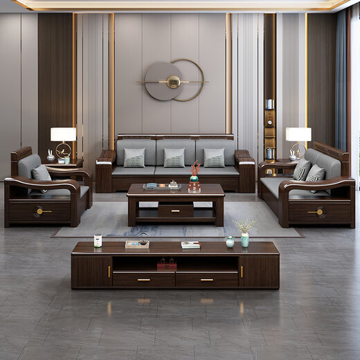 Mo Chen Sofa Purple Gold Sandalwood Solid Wood Sofa New Chinese Style Living Room Size Winter and Summer Corner Storage Furniture Four Seats + Imperial Concubine + Long Coffee Table