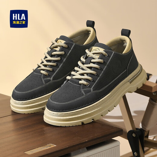 Hailan Home (HLA) Herrenschuhe Sommer 2025 Neue Freizeitschuhe Retro atmungsaktive Arbeitsschuhe erhöht Anti-Rutsch-Martin-Schuhe der Herren-Schwarzpuppe atmungsaktiv 42