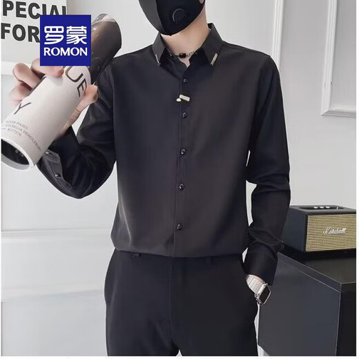 罗蒙（ROMON）高级感长袖衬衫男士潮牌春夏季衬衣套装2025痞帅男装潮流百搭修身 T61黑色短*袖衬衫+黑色西裤 高质 XL