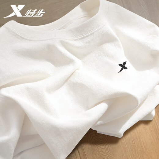 特步（XTEP）特步纯棉短袖男冬季新款t恤半袖宽松白色休闲上衣全棉体恤衫 珍珠白-圆领（纯棉） M (170/92A)【现货速发】