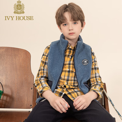 IVY HOUSE Ivy children's clothing boys' long-sleeved shirt big children's autumn new plaid shirt casual sports versatile college style yellow plaid 130cm