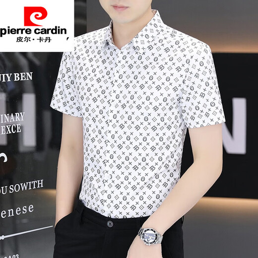 Pierre Cardin Herren Ice Seide kurzärärmisches Hemd 2025 Neues Geschäft Slim Casual Summer Herren-gedrucktes Hemd ohne Bügel 7031 Dunkelgrau 2xl 140-160jin [Jin ist 0,5 kg]