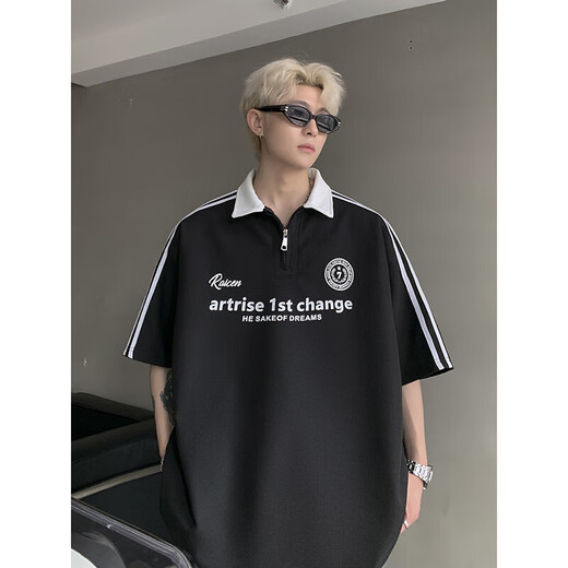 Camiseta de cuello de polo de manga corta Digada Summer New American American Retro tendencia informal suelta media tapa de media manga CQS-869 azul marino xl