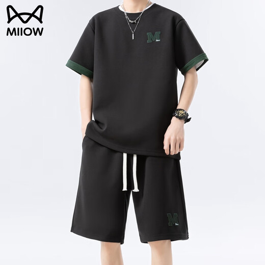 
Catman ice silk casual suit men's cool quick-drying handsome thin loose sports teen shorts shorts two-piece 6677 apricot color XL
