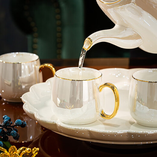 Huangtong Jingdezhen Ceramic Water Set Light Luxury Nordic Style Tea Set High-end High Temperature Living Room Home Water Cup Teapot Teacup I’ll Have You All the Way Pearlescent White Water Set