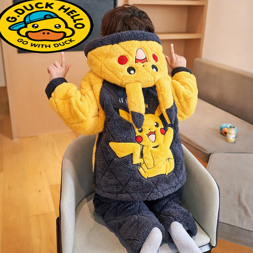 G.DUCKKIDS小黄鸭皮卡丘儿童睡衣男童冬季珊瑚绒加厚中大童三层夹棉法兰绒家 【三层夹棉】LDR9922皮卡丘 12码【高115-125CM重40-45斤】(1