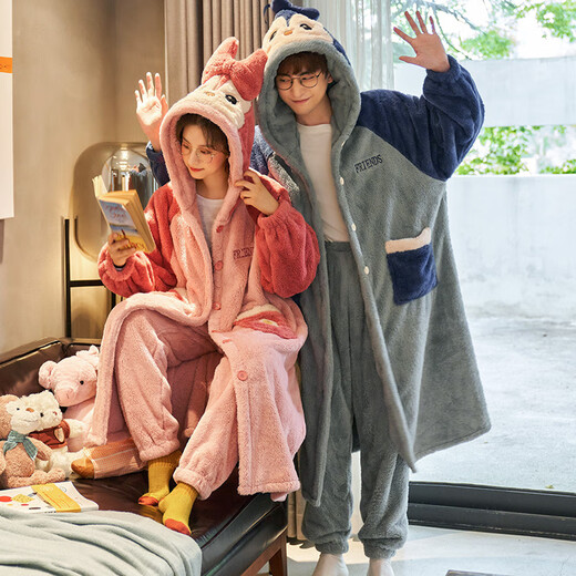 Fuxinkang Coral Velvet Pare Pajama для женщин осенью и зимой утолщен и расширенные свободные мужские ночной рубашки фланелевой халат домашняя одежда Yxe-9921 L-женщины [рост 160-165-вес 100-120]