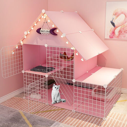 Cat Cage Home Indoor Cat Villa with Toilet Clearance Large Extra Large Free Space Small Cat Nest Cattery Three-story Small Bungalow + Princess Pink-Multi-layer Platform Exclusive Model Hardcover Model + Cat Litter Box + Dual-Purpose Cat Bowl