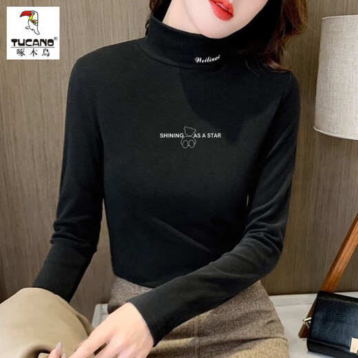 Woodpecker German velvet half-turtle collar bottoming shirt for women in autumn and winter slim fit warm plus velvet bear top new long-sleeved T-shirt Charming apricot thickened double-sided velvet L Recommended 105-120Jin Jin equals 0.5 kg