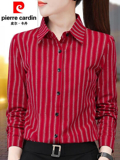 Pier Cardin cotton shirt for women cotton striped shirt for women long sleeves 2025 spring new fashion style for work ZXP1392 blue cotton M suggested 95105Jin [Jin equals 0.5 kg]