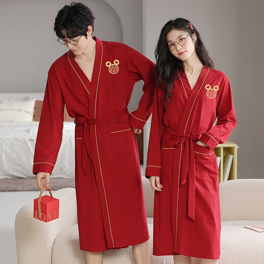 浪莎（LangSha）红色结婚情侣睡袍一男一女纯棉喜庆新婚睡衣浴袍家居服高档礼盒装 9926【礼盒装】 女L+男L