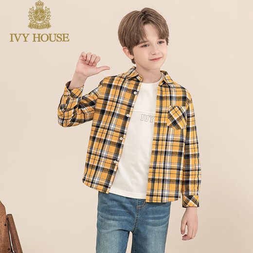 IVY HOUSE Ivy children's clothing boys' long-sleeved shirt big children's autumn new plaid shirt casual sports versatile college style yellow plaid 130cm