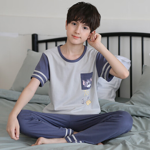 EMBERLOVE男童睡衣夏季薄款儿童短袖长裤纯棉家居服小男孩中大童青少年套装 N9901【短长】 165 cm L码 100-115斤