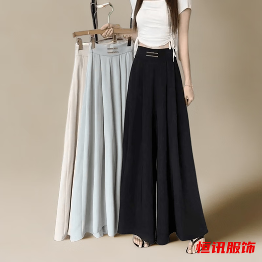美梵朗夏季百搭外穿高腰雪纺盘扣垂感阔腿垂坠感收腰遮肚长款裙裤子女潮 黑色春夏款阔腿裙裤838 L 建议100-115斤