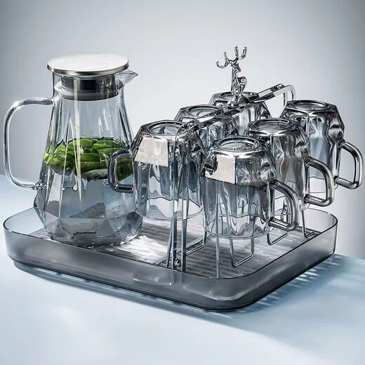 Wuji light luxury style diamond water set for home living room with handle glass drinking cup family tea cup tea set ash diamond pot one pot six cups + plate + cup holder