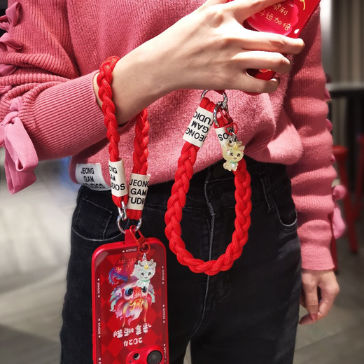 Dipur red mobile phone lanyard short wrist pendant pendant three-strand ponytail braided animal year festive wedding mobile phone lanyard anti-lost rope