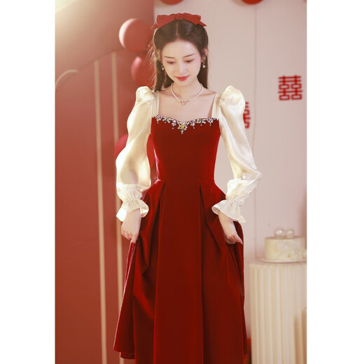 
Yuanleshen toast suit 2024 Bride burgundy summer can wear yarn sleeve engagement dress for wedding banquet dress red 675 short sleeve M