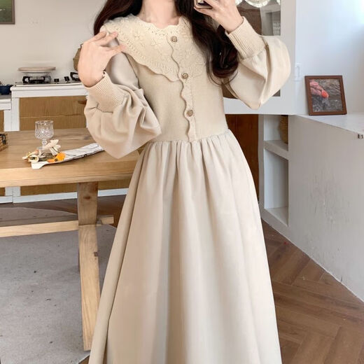 High school student adult dress women's winter 18-year-old graduation evening dress French gentle round neck knitted dress Apricot L Recommended 105-115 Jin Jin equals 0.5 kg