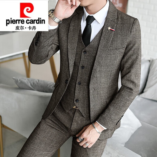 Pierre Cardin Young Men's Suit Korean Style Slim Men's Casual Three-piece Groomsmen and Grooms Wedding Dress Suit Brown Three-piece Suit (Top Pants Shirt) with XL 31120-135Jin Jin is equal to 0.5 kg