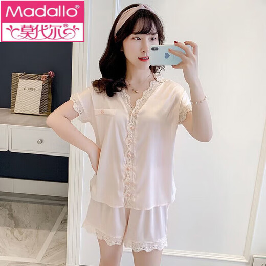 莫代尔睡衣女夏季冰丝短袖短裤薄款甜美可爱白色丝·绸夏天家居服两件套 短袖短裤-粉色 #9920 L (100-120斤)