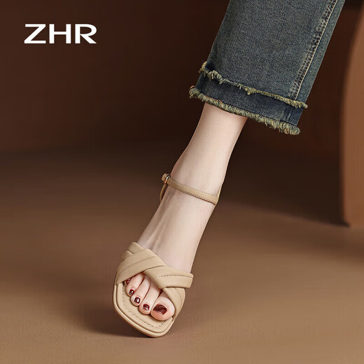 
ZHR Sandals for women in summer elegant one-length strap thick heels for women gentle solid color high heels for women Y683 apricot color 36
