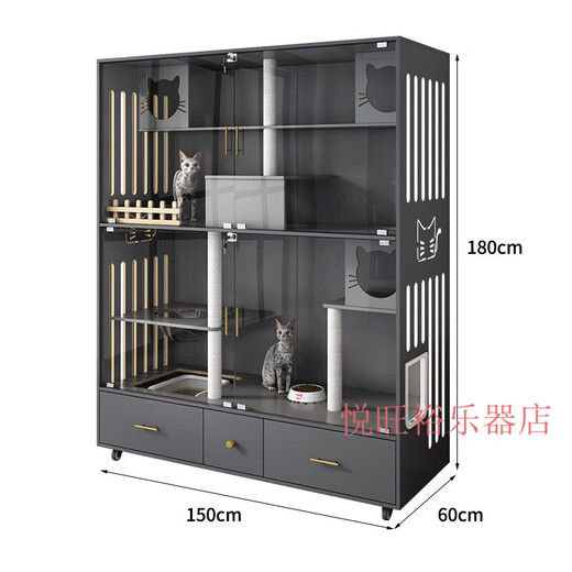 Cat cage with integrated toilet, suitable for big and small kittens, villa indoor household cat house with integrated toilet, solid wood cat, light luxury gray, 150cm long, 180cm high, environmentally friendly and anti-proof, delivered to home, package installed