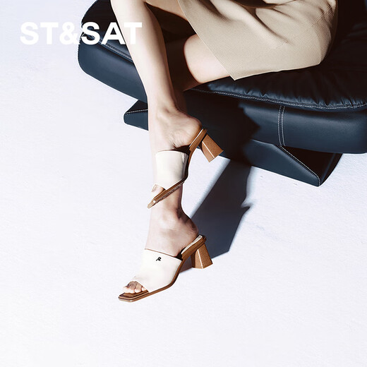 St&Sat Saturday fish mouth thick heel slippers for women summer fashion outer wear new high heel one-line sandals SSC2110325 beige 35 225mm