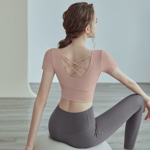 佑游瑜伽服女士带胸垫运动普拉提短袖上衣发带二件套J32030DY浅粉 M