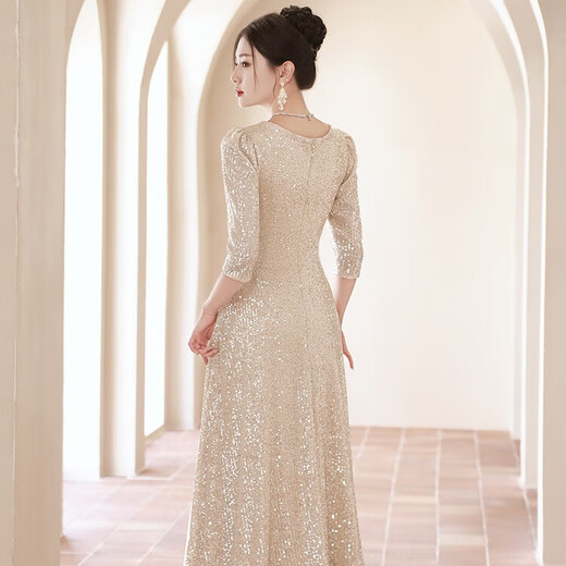 Yingwen Champagner-Farbabendkleid für Frauen neue Stil, leichte Luxus Nische High-End-Host-Pailletten Chor-Performance-Kostüm, Champagnerfarbe XL Vorschläge 110-120jin [Jin ist 0,5 kg]