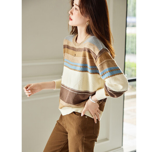 Demana Light Mature Commuting 2025 Winter Round Neck Velvet Yarn Striped Contrast Color Sweater Long Sleeve Knitted Sweater Women's Top
