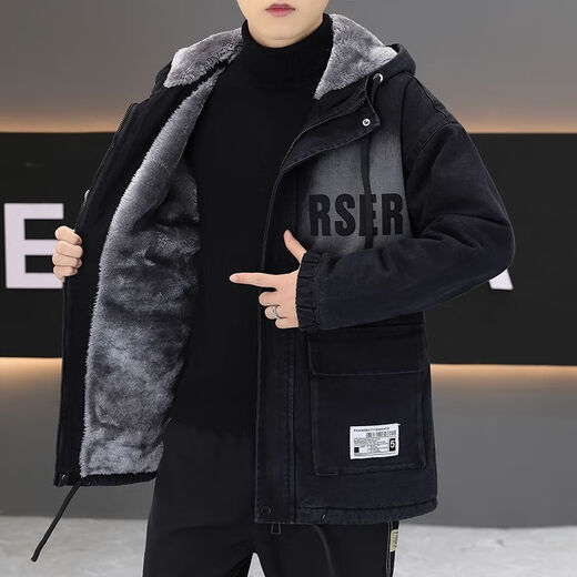 NASALIKE冬季中长款牛仔外套男加绒加厚宽松潮流大码派克服学生青少年棉服 719黑色 加绒加厚 XL 110-130斤左右