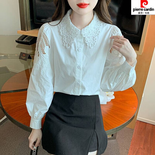 Camisa de algodón bordado de Piercadian para la nueva camisa blanca bordada de otoño femenino suelto y versátil de manga larga Cy9227 White XL [sugerido 121-130Jin [Jin equivale a 0.5 kg]]]