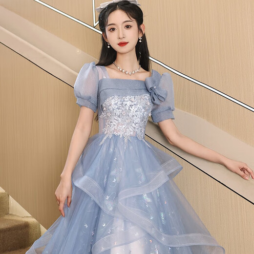 Vestido de noche azul de Libaixin 2025 NUEVO Estilo Banquete High-High Grain Student Art Exam Nicho Huff Skirt Women Blue Medium Longitud XL Sugerir 110-120Jin [Jin es igual a 0.5 kg]