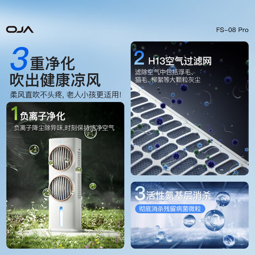 OJA【德国制冷扇销冠】空调扇2025制冷家用冷风机水冷风扇智能遥控办公室客厅落地电风扇负离子净加湿 【Pro顶配款】暴风双制冷丨语音控制丨全链路除菌 【16m/s风速】【三面湿帘】【10L大水箱】