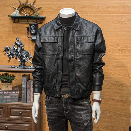 JAGR trendy brand leather jacket men's motorcycle casual top light business men's wear trendy men's leather jacket black L