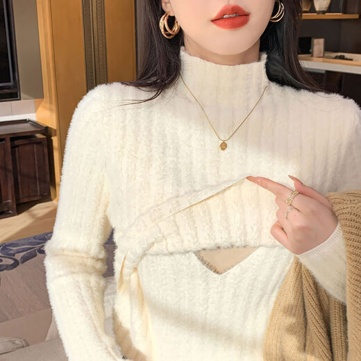 yakelijia哺乳期妈妈外出衣服秋冬季上衣时尚加厚保暖辣妈产后外穿哺乳毛衣 杏色哺乳#9226 M