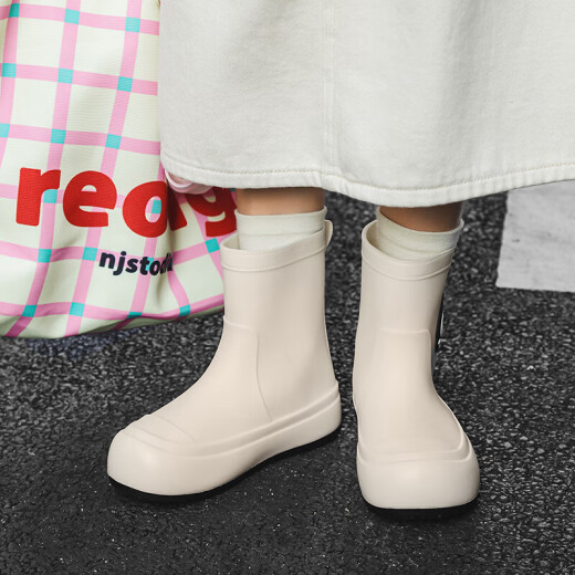Hölzernen klaren Regenstiefel für Frauen, modische Wasserschuhe im Freien, dicke, allein zugrößen steigende Kee-resistente Regenstiefel, Anti-Rutsch-Wasserstiefel, erwachsene Mid-Robe-Pendelpendelschuhe, cremefarbene, mwitige, m Größe (37-38 Größen)