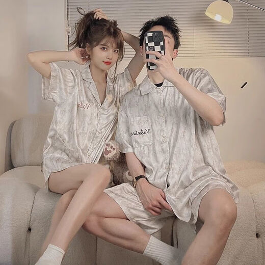 Clolv kissCK summer light luxury couple pajamas ice silk one male and one female student dormitory home clothes suit short-sleeved shorts CX418# gray letters high quality female M + male L 2 sets in total