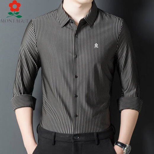 Mengtejiao MONTAGUT men's mulberry silk long-sleeved shirt autumn middle-aged daddy casual striped lapel shirt men dark green 9928 L (170) Suitable for 115-125 Jin [Jin equals 0.5 kg]