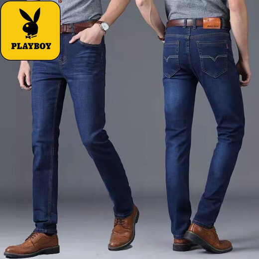 Playboy Two-piece Jeans Men's Autumn and Winter Casual Pants Plus Velvet Stretch Loose Straight Long Pants 009 Black + 009 Blue Regular Style 33