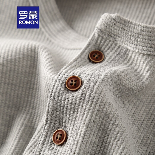 ROMON has a good reputation, waffle Henry collar, men's solid color loose knitted pullover bottoming shirt, casual long-sleeved T-shirt, light gray S 115-130Jin Jin is equal to 0.5 kg