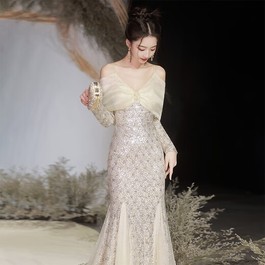 H-Ked-Kleid für Frauen Bankett Abendkleid mit High-End-etwas fett schwerer Industrie spät sensible High-End Light Luxury Nischengeschenke für Erwachsene Moderatorin Jahrestagung Kyogin Ärmeln XL