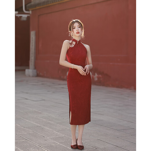 Jialong Mingxiu New Chinese Style Halter Dressing Dress Toast Wear Bride Cheongsam Small Improved Young Engagement Wedding Dress Women Summer Red S
