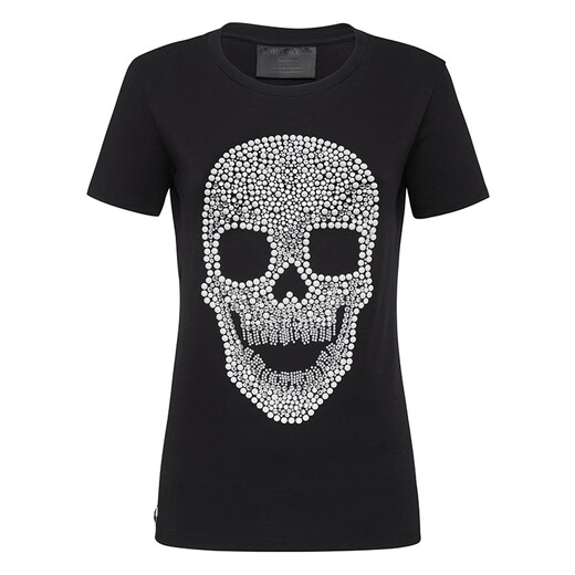菲利普普兰（PHILIPP PLEIN）女士棉质水钻骷髅图案短袖T恤衫 WTK1283 PTE003N 黑色 XS