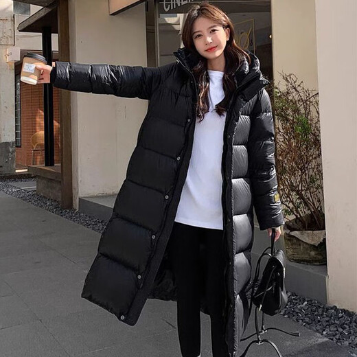 MARKYINXIANG Black Gold Down Jacket Women's 2025 New Winter White Duck Down High-end Fashion Long Over-Knee Thickened Hooded Jacket DH9276 Inman Black M (suitable for 90-120Jin[Jin equals 0.5 kg])