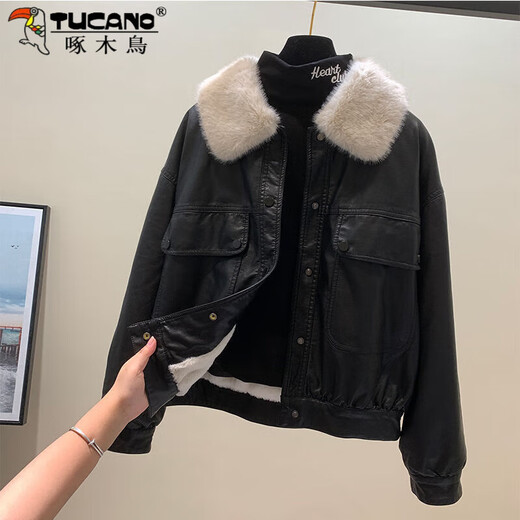 Woodpecker (TUCANO) velvet leather jacket 2025 winter new imitation rex rabbit fur PU leather jacket coat large fur collar pie jacket brown L 106-120Jin Jin equals 0.5 kg